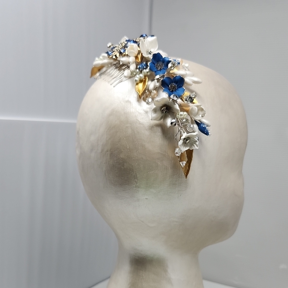Elegant Blue and Gold Floral Headband - Picture 9 of 15